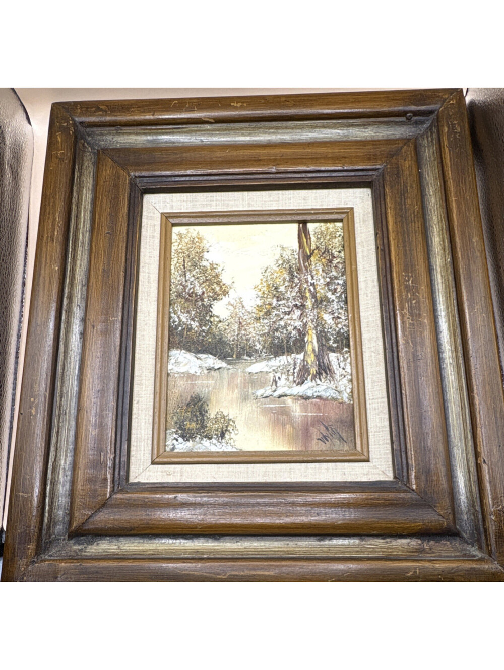 Vintage 1970s W. Lee Impasto Winter Landscape Oil Painting Ornate Wood Frame